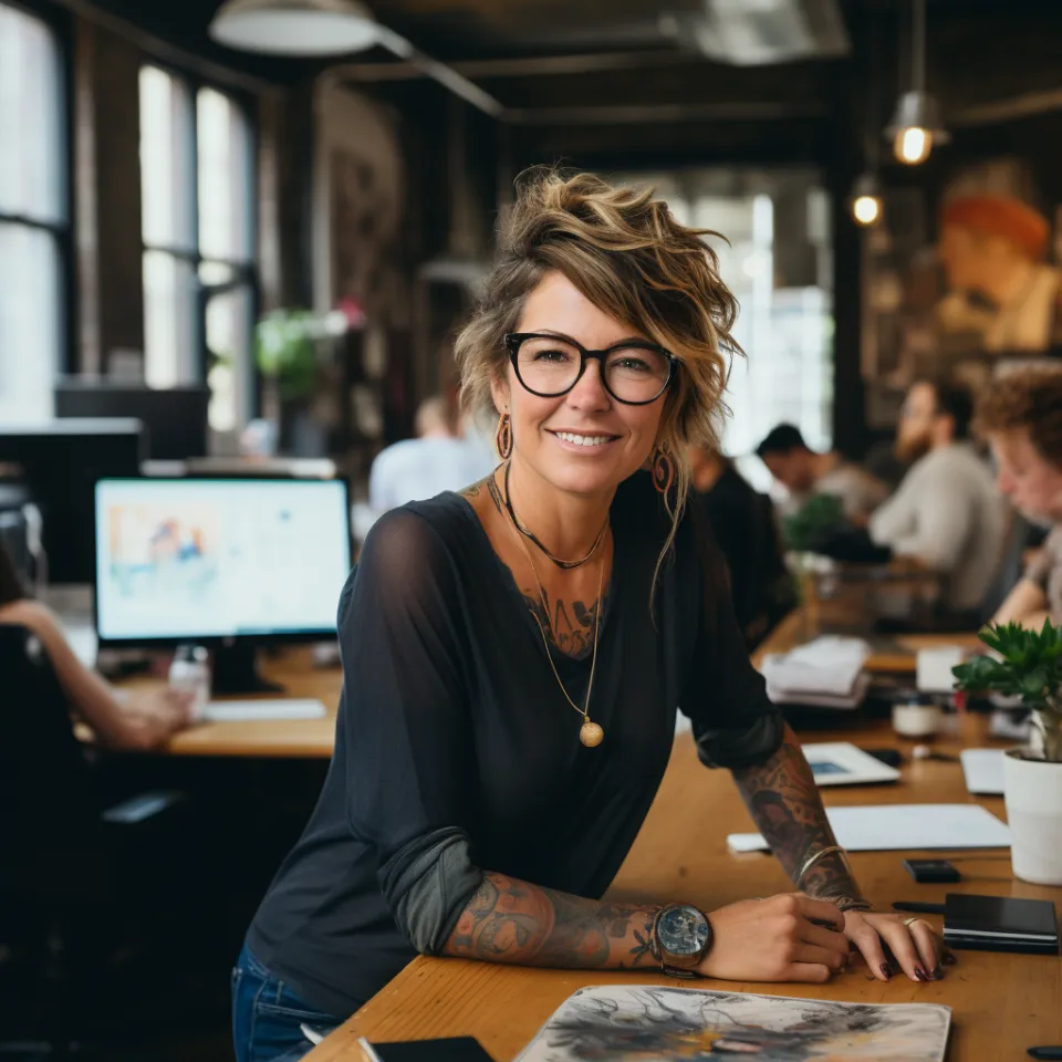 Mulher portuguesa com óculos e expressão profissional