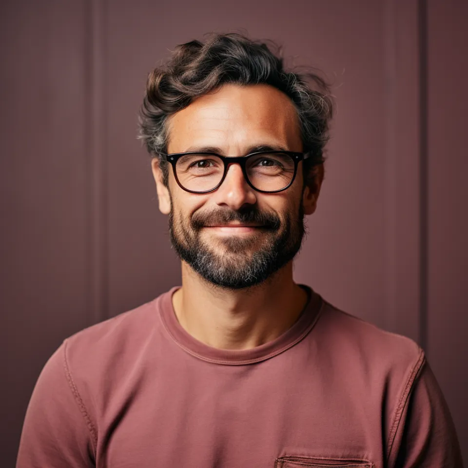 Homem português sorridente com barba em escritório